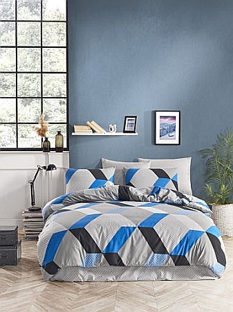 Lenjerii de pat - Lenjerie de pat dublu din bumbac ranforce Begenal Petek Mavi