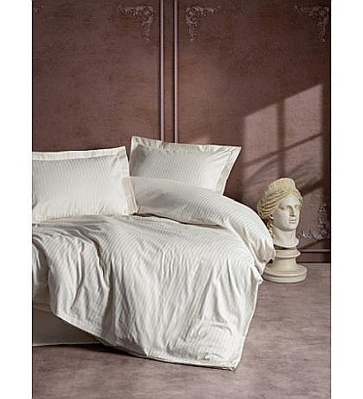 Lenjerii de pat - Lenjerie de pat King bumbac 100% Premium Satin Deluxe Cotton Box, Stripe Ekru