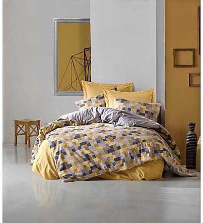 Lenjerii de pat - Lenjerie pat 100% Bumbac ranforce 4 piese model geometric Cotton Box, Elon Yellow