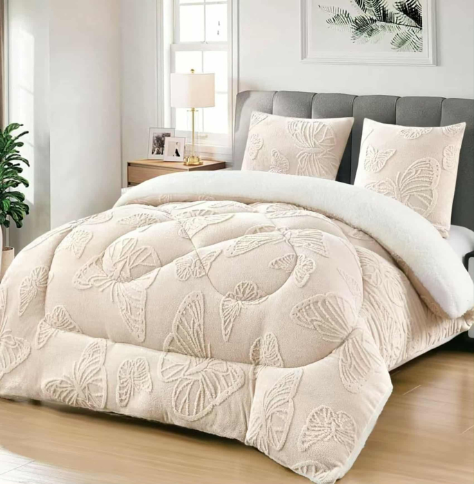 Set Pilota Cocolino, 3 Piese, Tricotata cu Model de Fluturi in Relief, 200x230 cm, UNI, cu 2 Fete de Perna 62x62 cm [1]