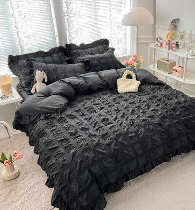 Set Lenjerie de Pat 2 Persoane Bumbac Finet Creponata Uni cu Volanase, 6 Piese - Negru [1]