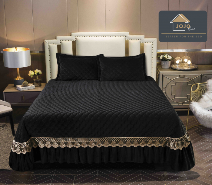 Cuvertura Pat 2 Persoane Din Catifea De Lux 3 Piese - Negru [1]