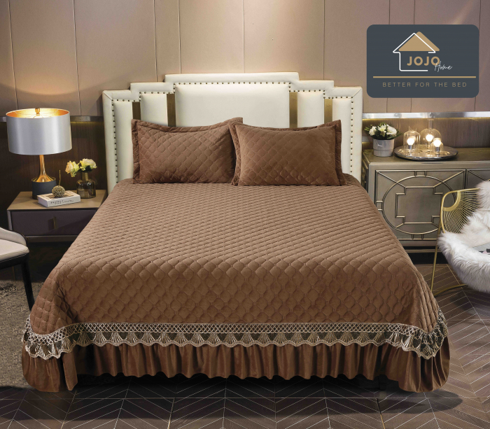 Cuvertura Pat 2 Persoane Din Catifea De Lux 3 Piese - Maro [1]