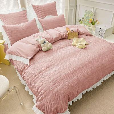 Set Lenjerie de Pat 2 Persoane Bumbac Finet Creponata Uni cu Volanase, 6 Piese - Roz Pudrat [1]