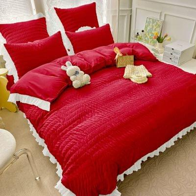 Set Lenjerie de Pat 2 Persoane Bumbac Finet Creponata Uni cu Volanase, 6 Piese - Rosu [1]