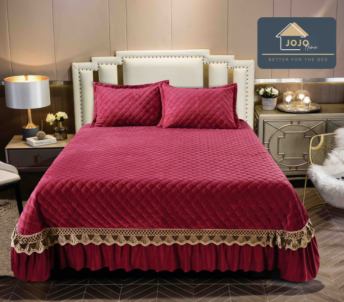 Cuvertura Pat 2 Persoane Din Catifea De Lux 3 Piese - Rosu [1]