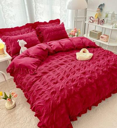 Set Lenjerie de Pat 2 Persoane Bumbac Finet Creponata Uni cu Volanase, 6 Piese - Visiniu [1]