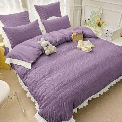 Set Lenjerie de Pat 2 Persoane Bumbac Finet Creponata Uni cu Volanase, 6 Piese - Mov [1]