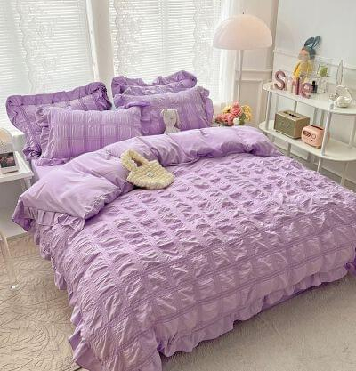 Set Lenjerie de Pat 2 Persoane Bumbac Finet Creponata Uni cu Volanase, 6 Piese - Lila [1]