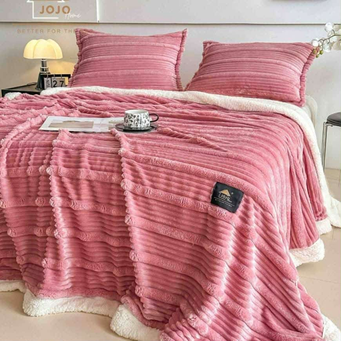 Set Pătură Verde 3D din Blăniță Artificială de Iepure & 2 Fețe de Pernă | Cu Blăniță,ROZ [1]