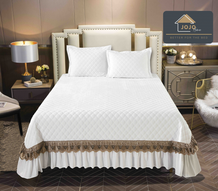 Cuvertura Pat 2 Persoane Din Catifea De Lux 3 Piese - Alb [1]