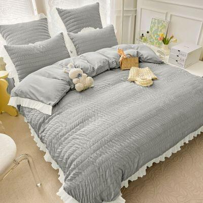 Set Lenjerie de Pat 2 Persoane Bumbac Finet Creponata Uni cu Volanase, 6 Piese - Gri Deschis [1]