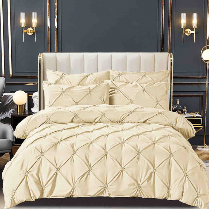 Lenjerie de Pat 2 Persoane, Bumbac Finet Uni cu Pliuri, 6 Piese - Crem [1]