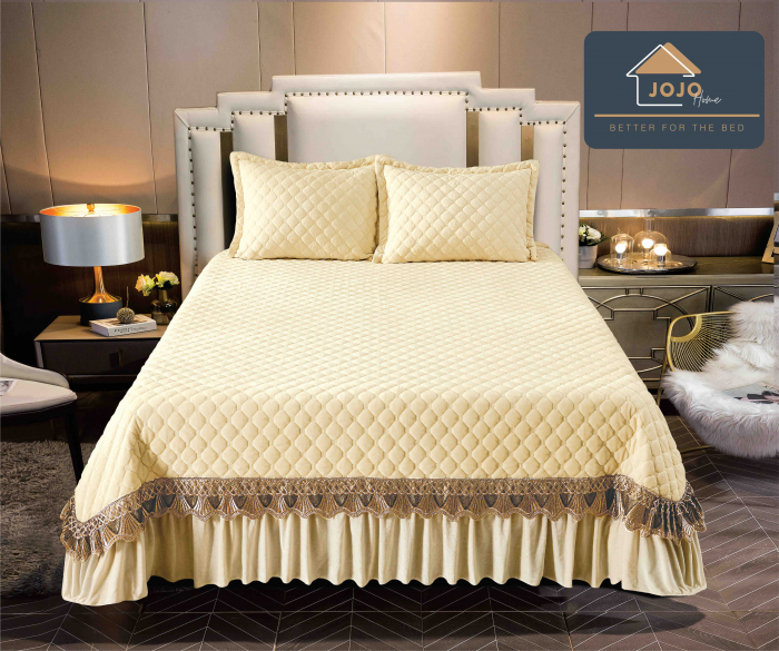 Cuvertura Pat 2 Persoane Din Catifea De Lux 3 Piese - Crem [1]