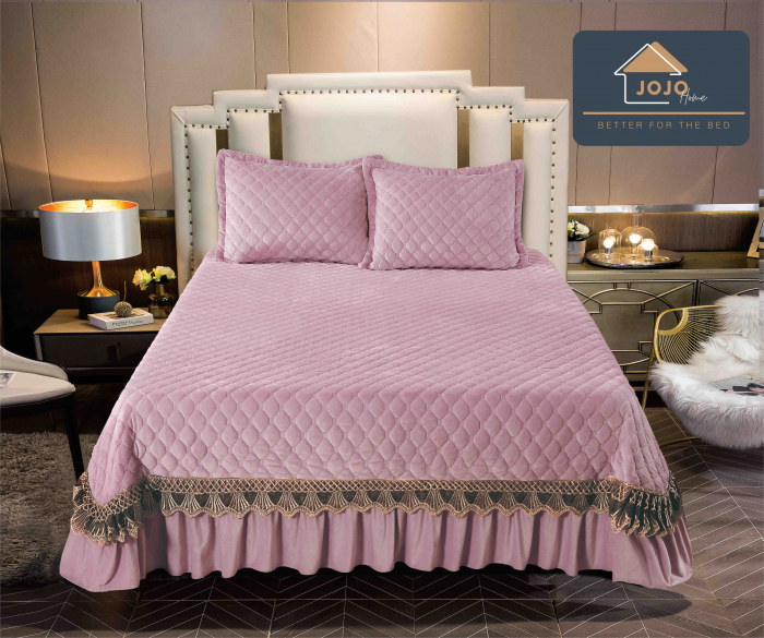 Cuvertura Pat 2 Persoane Din Catifea De Lux 3 Piese - Roz Inchis [1]