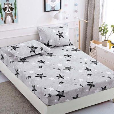 Husa de pat cu elastic din Bumbac Finet + 2 Fete de Perna - Gri cu Stelute [1]