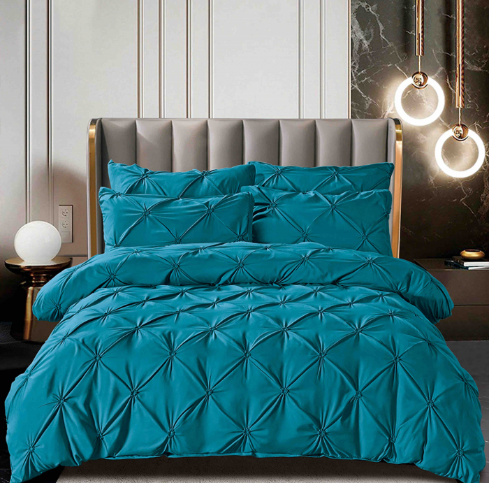 Lenjerie de Pat 2 Persoane, Bumbac Finet Uni cu Pliuri, 6 Piese - Turcoaz [1]