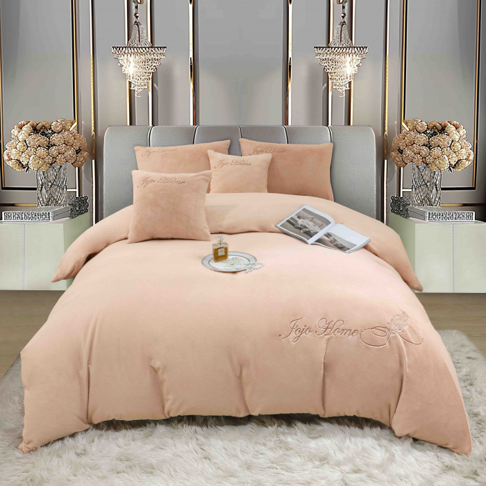 Lenjerie de pat, cu Broderie, Cocolino tip Blăniță Iepure, 2 Persoane, 6 Piese, cu ELASTIC -Somon [1]