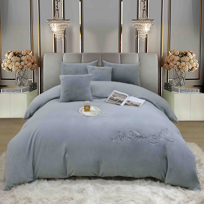 Lenjerie de pat, cu Broderie, Cocolino tip Blăniță Iepure, 2 Persoane, 6 Piese, cu ELASTIC - Gri Deschis [1]