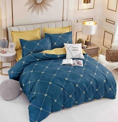 Lenjerie Din Bumbac Tip Finet 6 Piese Pentru Pat Dublu - Bleumarin cu Auriu [1]