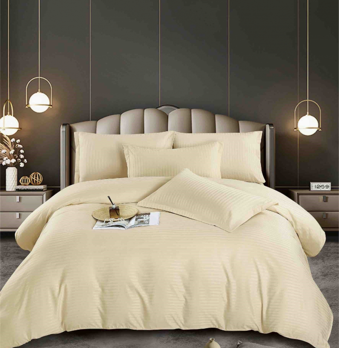 Lenjerie pat dublu 100% Damasc PREMIUM, 6 Piese, cu elastic - Crem [1]