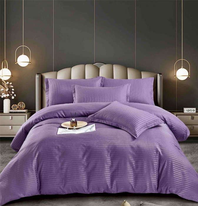 Lenjerie pat dublu 100% Damasc PREMIUM, 6 Piese, cu elastic - Mov Royal [1]