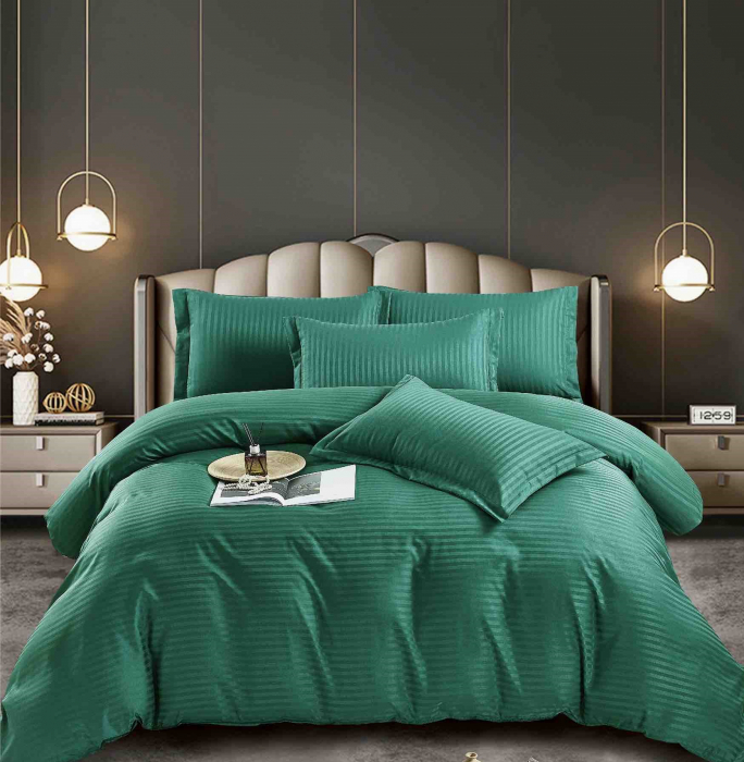 Lenjerie pat dublu 100% Damasc PREMIUM, 6 Piese, cu elastic - Verde Smarald [1]