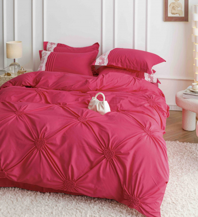 Lenjerie Pat Dublu, Bumbac Soft Touch, 6 piese, cu Pliuri Brodate - Gri Deschis - Roz [2]