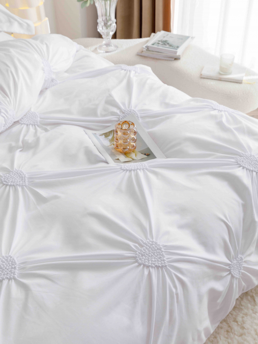 Lenjerie Pat Dublu, Bumbac Soft Touch, 6 piese, cu Pliuri Brodate - Gri Deschis - Alb [2]