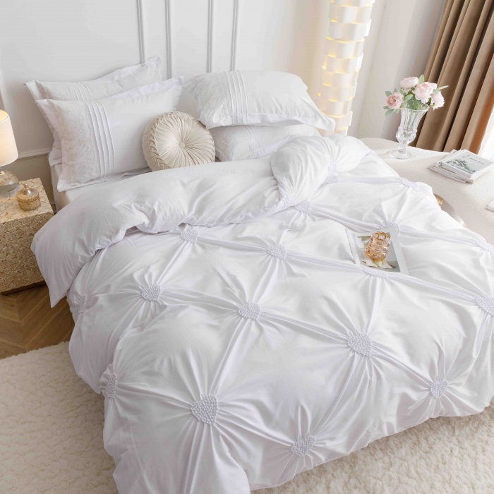 Lenjerie Pat Dublu, Bumbac Soft Touch, 6 piese, cu Pliuri Brodate - Gri Deschis - Alb [1]