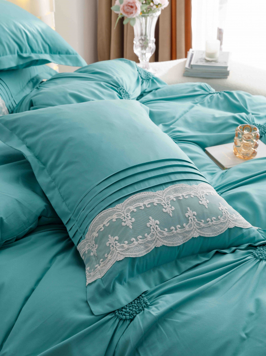 Lenjerie Pat Dublu, Bumbac Soft Touch, 6 piese, cu Pliuri Brodate - Verde Menta [2]