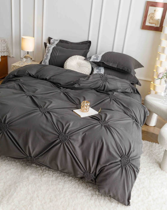 Lenjerie Pat Dublu, Bumbac Soft Touch, 6 piese, cu Pliuri Brodate - Gri Inchis [2]