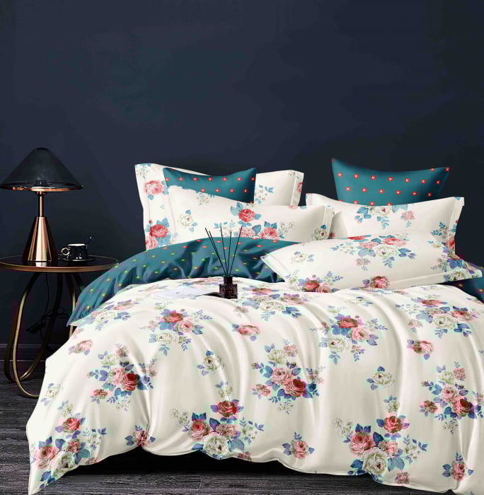 Lenjerie Pat Dublu din Bumbac Tip Finet, cu Elastic, 6 Piese - Alb cu Trandafiri [1]