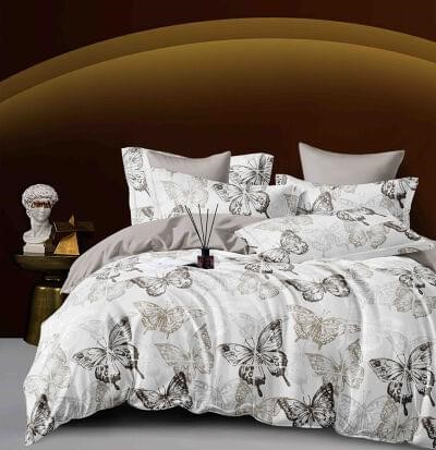 Lenjerie Pat Dublu din Bumbac Tip Finet, cu Elastic, 6 Piese - Alb cu Fluturi [1]