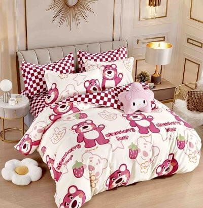 Lenjerie Pat Dublu din Bumbac Tip Finet, cu Elastic, 6 Piese - Ursulet si Capsunele [1]