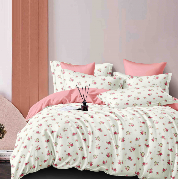 Lenjerie Pat Dublu din Bumbac Tip Finet, cu Elastic, 6 Piese - Trandafiri Roz [1]