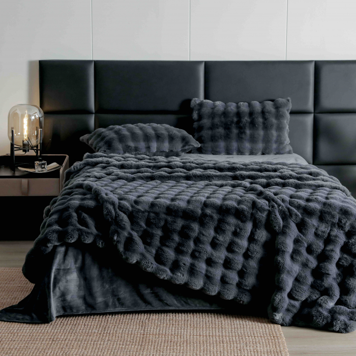 Lenjerie pat dublu, ExtraPufoasa, din Blanita artificiala de Iepure, 6 piese - Gri Inchis [1]