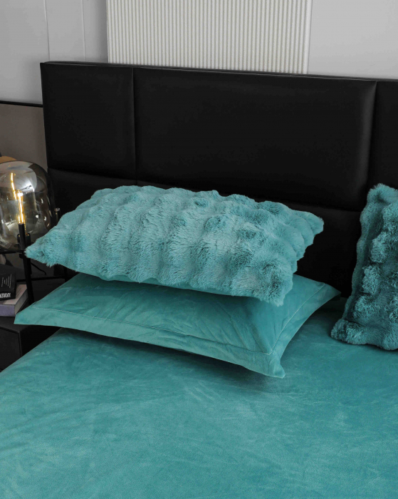 Lenjerie pat dublu, ExtraPufoasa, din Blanita artificiala de Iepure, 6 piese - Turcoaz [5]