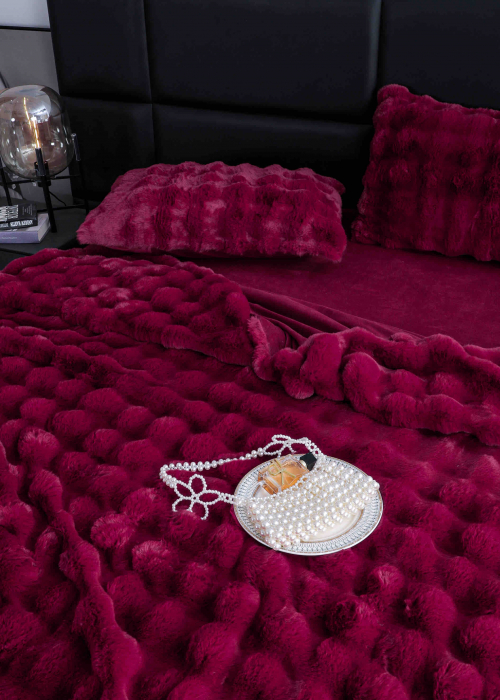 Lenjerie pat dublu, ExtraPufoasa, din Blanita artificiala de Iepure, 6 piese - Visiniu [4]