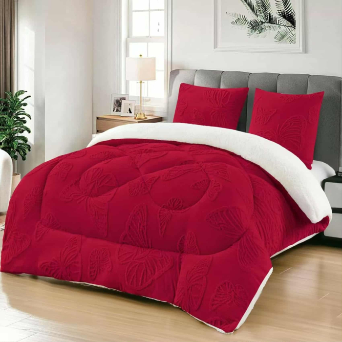 Set 3 Piese Pilota Cocolino Tricotata cu Model de Fluturi in Relief, 200x230 cm, UNI, cu 2 Fete de Perna 62x62 cm, Culoare Rosu Inchis [1]