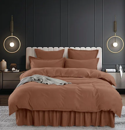 Set Lenjerie de Pat Bumbac Finet Uni cu Volanase, 6 Piese, Pat 2 Persoane, Maro [1]