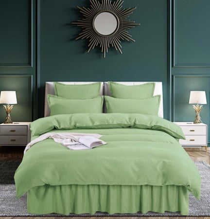 Set Lenjerie de Pat Bumbac Finet Uni cu Volanase, 6 Piese, Pat 2 Persoane, Verde [1]