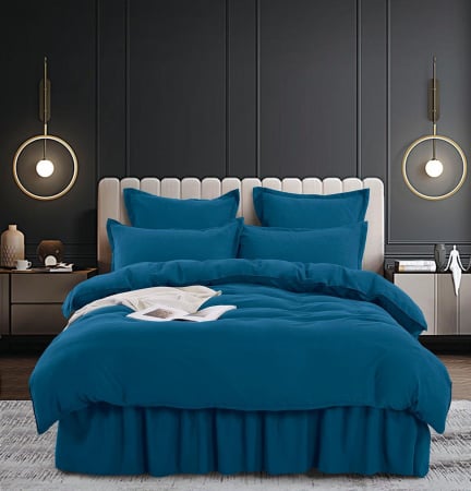 Set Lenjerie de Pat Bumbac Finet Uni cu Volanase, 6 Piese, Pat 2 Persoane, Albastru [1]