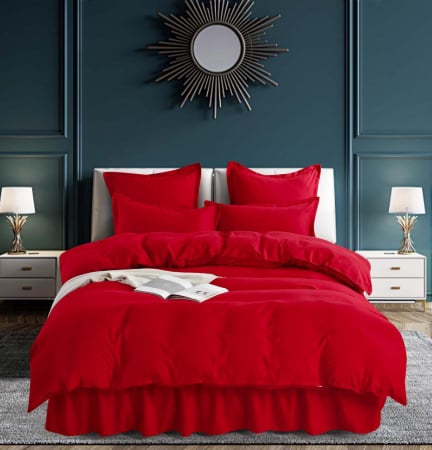 Set Lenjerie de Pat Bumbac Finet Uni cu Volanase, 6 Piese, Pat 2 Persoane, Rosu [1]