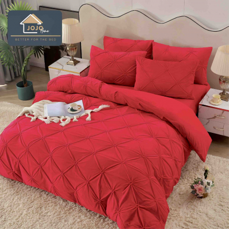 LENJERII DE PAT - Lenjerie pat dublu, CU ELASTIC, Catifea Deluxe, cu pliuri brodate, 4 piese - Rosu