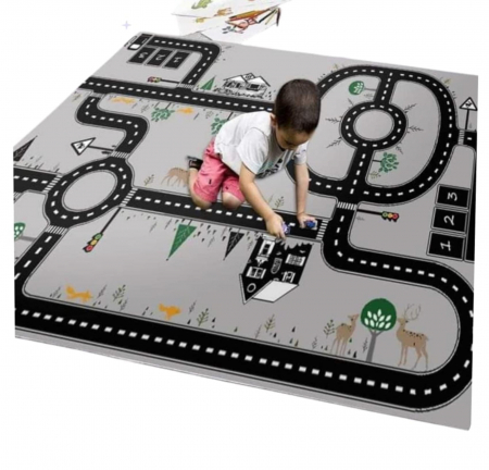 COVOARE - imaginea reprezintă o simulare cu caracter informativ. Covor Antiderapant pentru Copii 80X150cm,120x180 cm - Gri Traseu Masini
