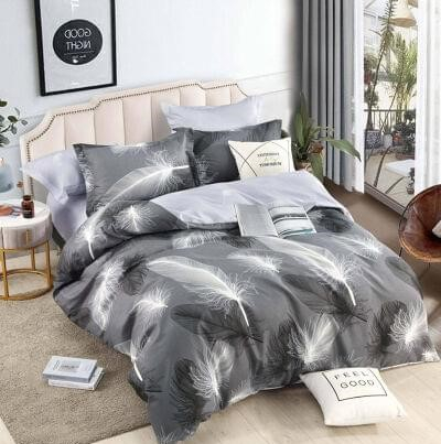 Bumbac Tip Finet Cu Elastic - Lenjerie Pat Dublu din Bumbac Tip Finet, cu Elastic, 6 Piese - Gri cu Pene