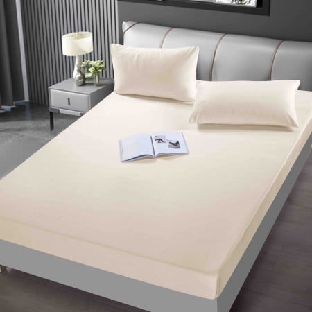 HUSE DE PAT - Husa de pat cu elastic + 2 fete de perna CATIFEA-Crem