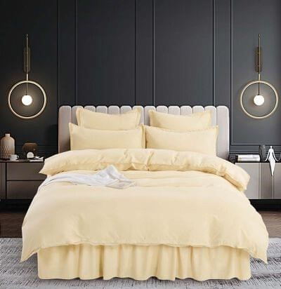 Bumbac Tip Finet Cu Volanase - Set Lenjerie de Pat Bumbac Finet Uni cu Volanase, 6 Piese, Pat 2 Persoane, Crem