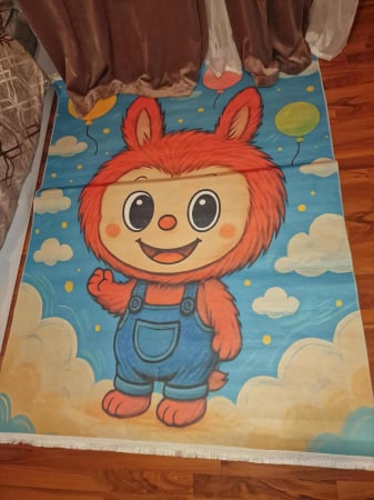 COVOARE PENTRU COPII - Covor Antiderapant 140x200 cm model Labubu – Design Jucăuș, Turcoaz cu baloane roz, TAM-024